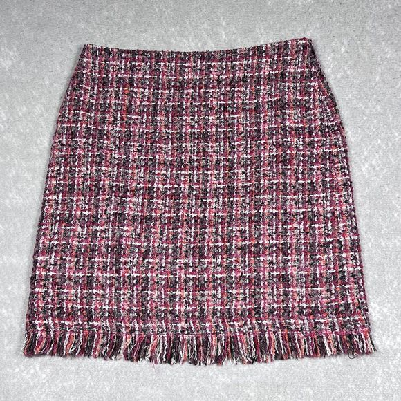 Talbots Skirt Size 6P Petites Pink Plaid Tweed Fray Fringe Hem Wool Blend Pencil - Picture 1 of 12